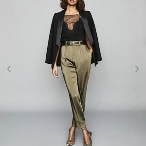BNWT Reiss Elyssa Satin Pleated Trousers in Olive